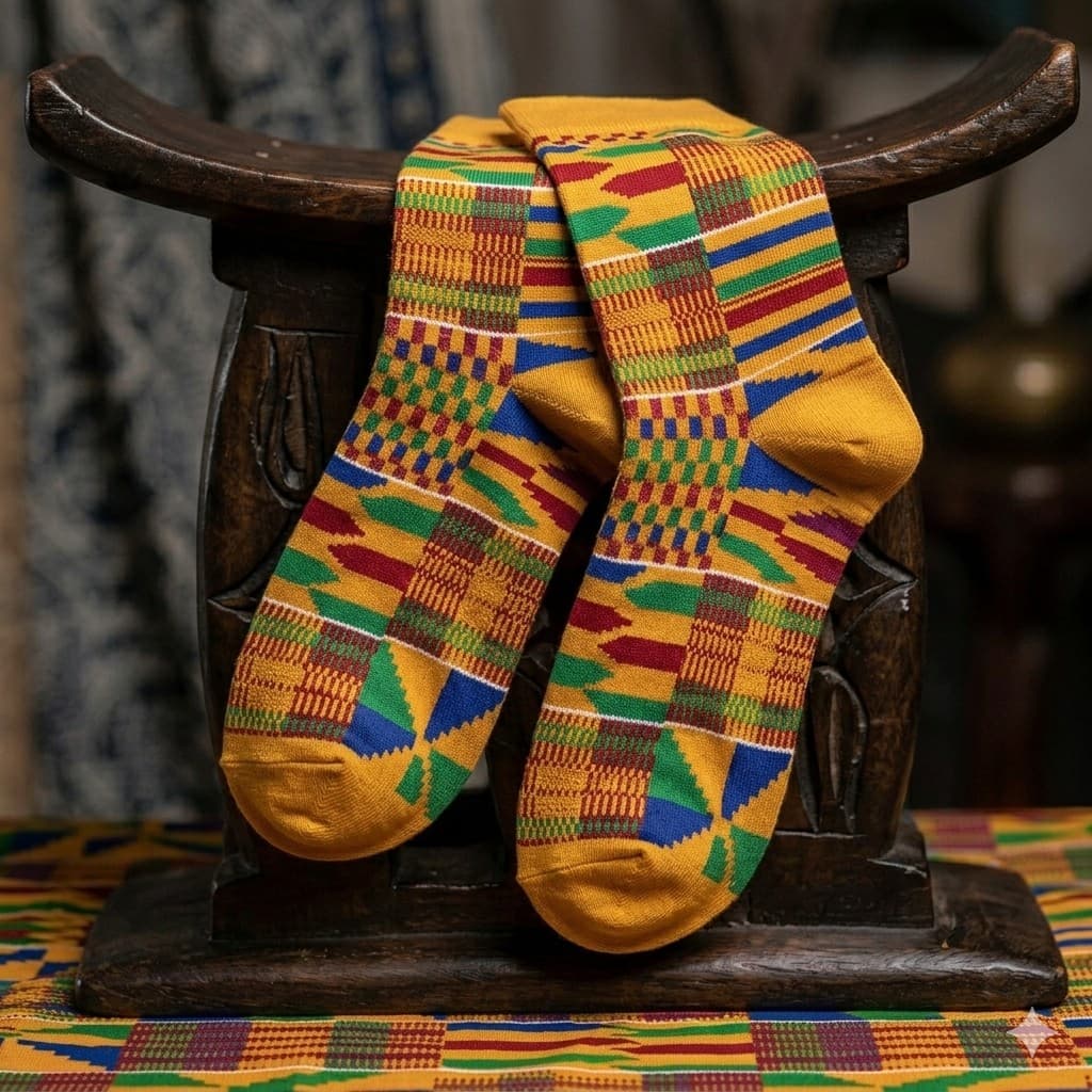 Kente-patterned Chalé Socks on an Ashanti carved stool